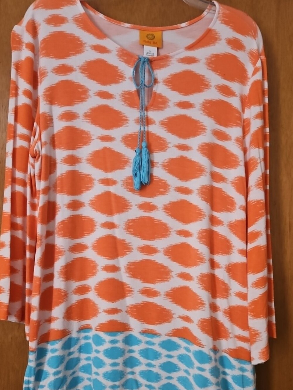Ruby Rd Boho-Style Tunic Blouse Orange and Blue Ikat Print and Tassels Sz L
